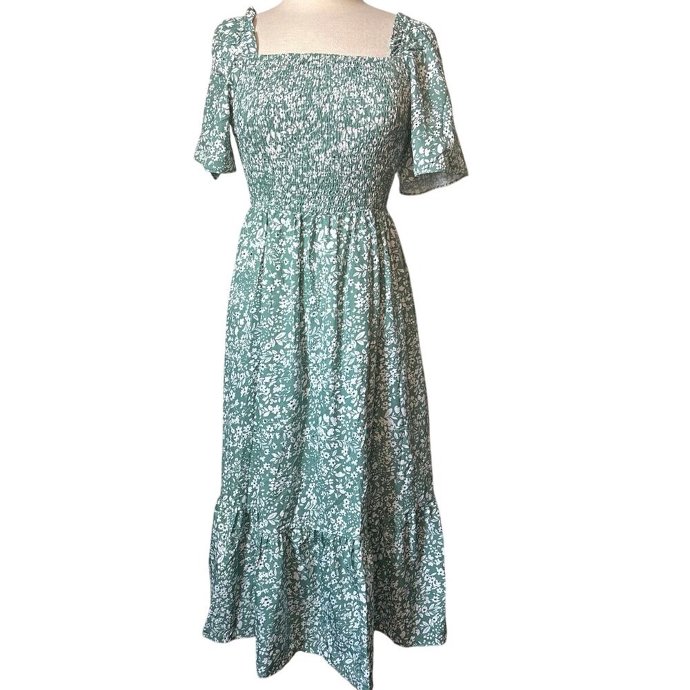 PatPat Smocked Ruffled Hem Boat Neck Collar Flouncy Sleeve Lined Midi Dress Sz S